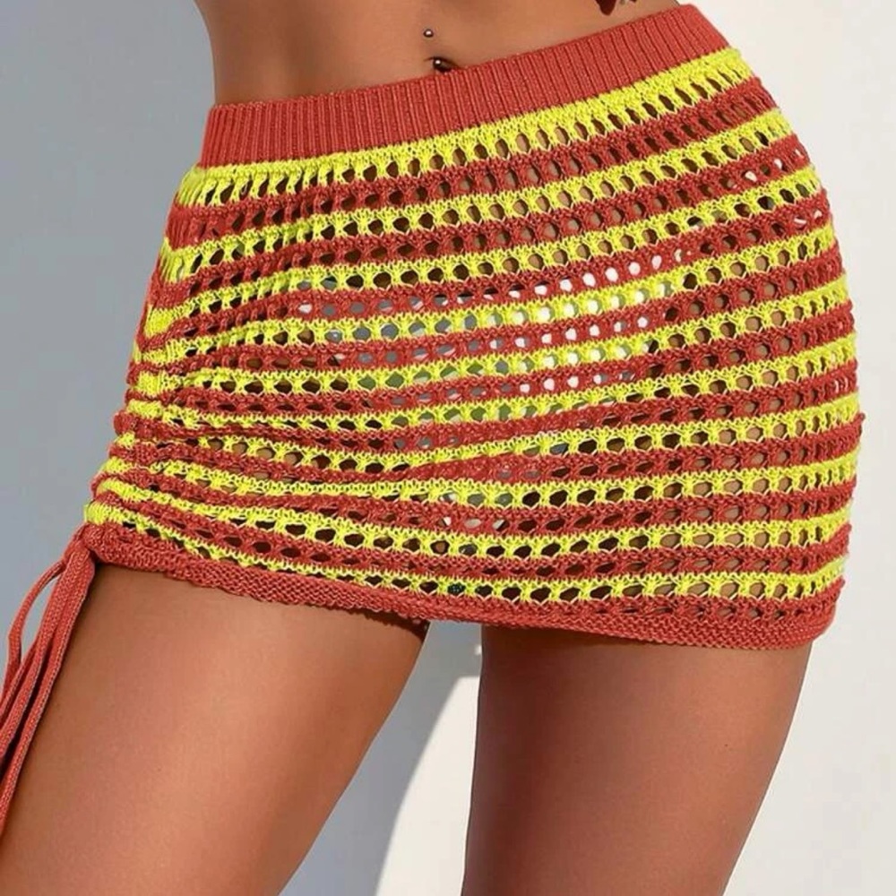 Striped drawstring side crochet cover up skirt